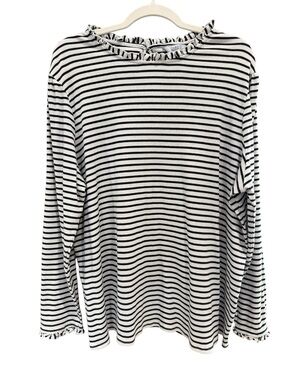 Croft & Barrow 3X Black White Striped Ribbed Ruffle Neck Long Sleeve Top
